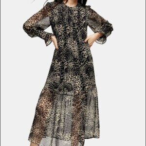 Topshop Animal Print Chiffon Maxi Dress Pintuck Sheer Long Sleeve Size 2
